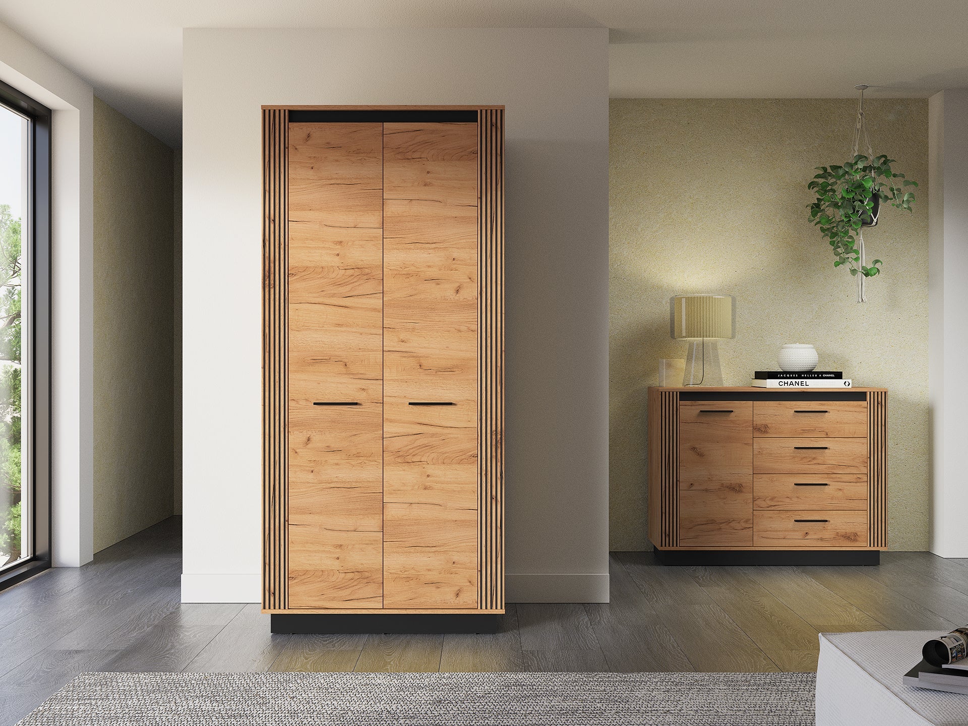 Armoire Moderne en Chêne Craft Gold et Noir - Design Élégant et Résistant pour un Rangement Optimal - Decora Home
