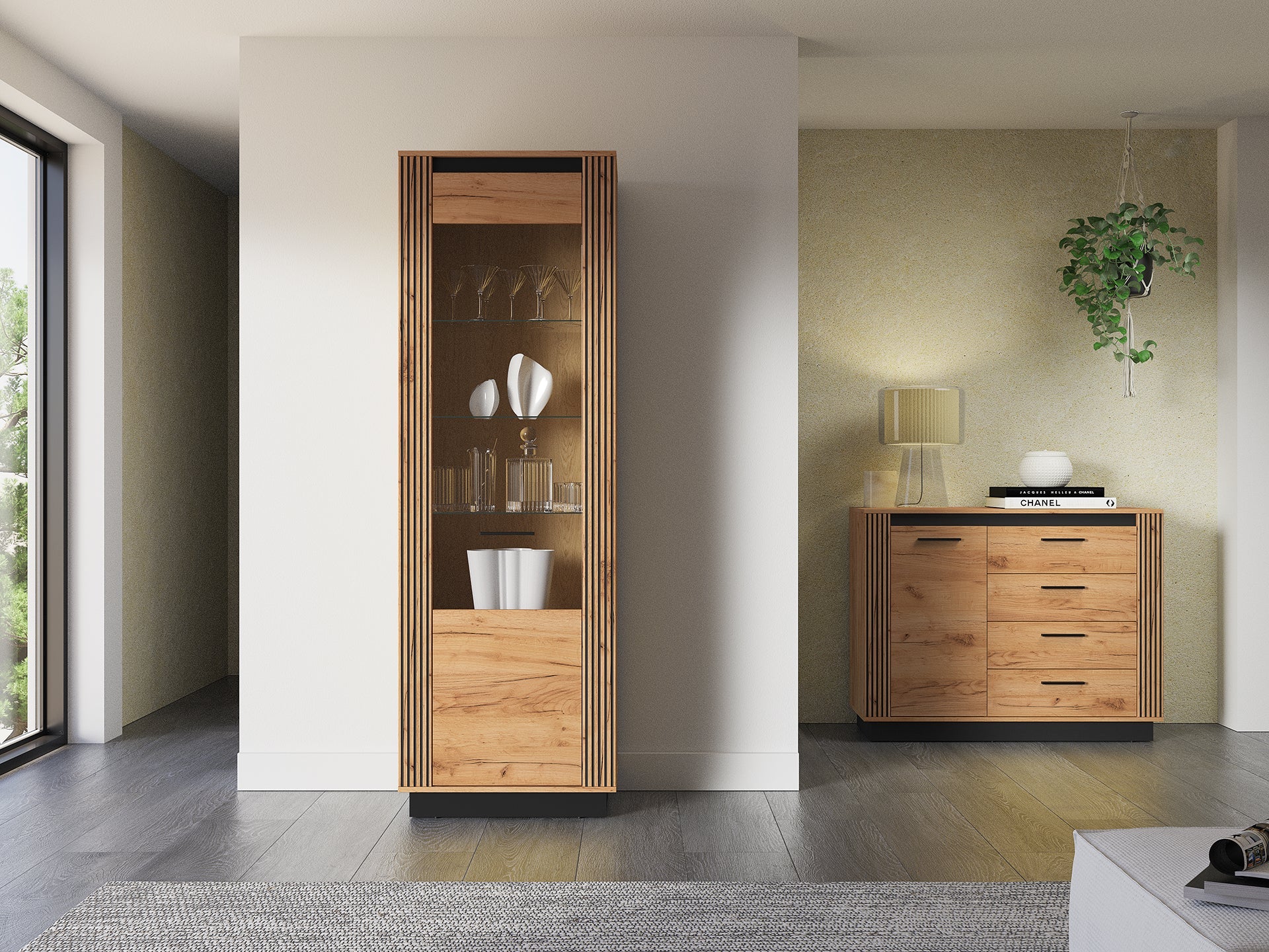 Armoire Élégante en Chêne Craft Gold et Noir avec Verre Trempé - Design Moderne et Sécurisé - Decora Home