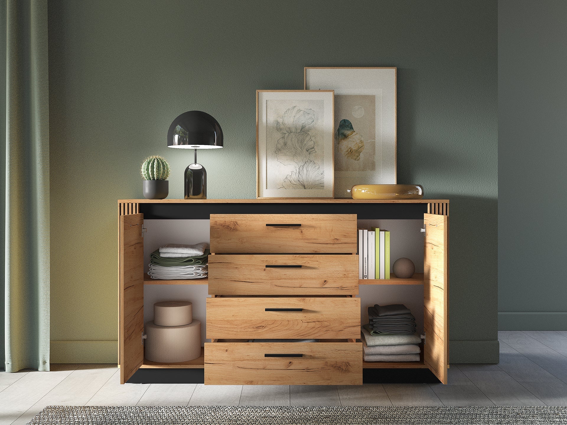 Commode, Buffet, Buffet Moderne en Chêne Craft Gold et Noir avec Verre Trempé – Design Élégant et Fonctionnel - Decora Home