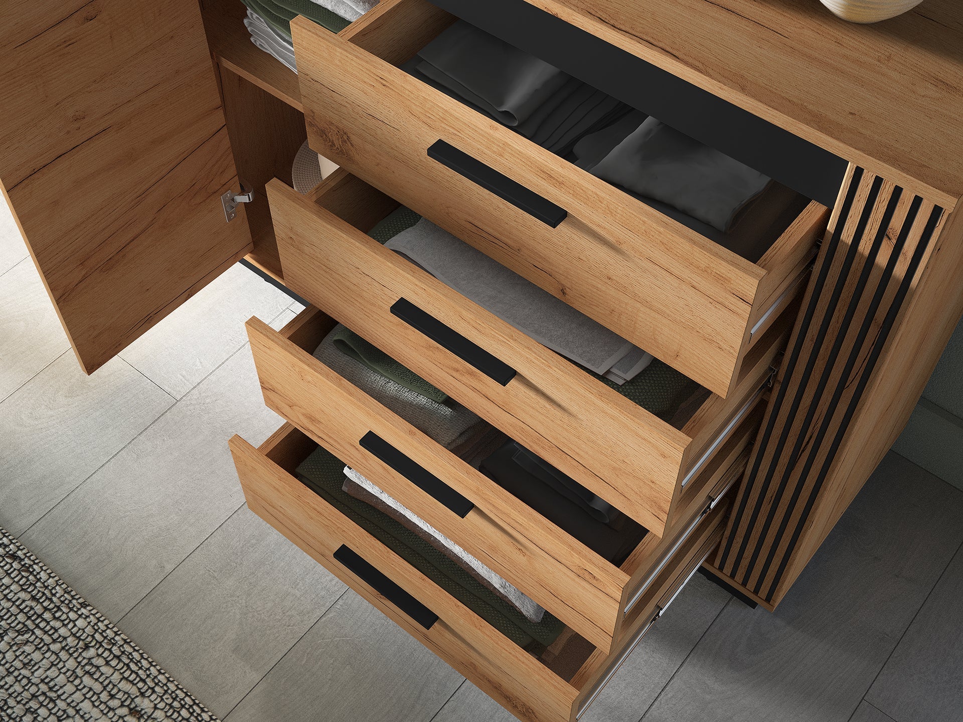 Commode, Buffet, Buffet Moderne en Chêne Craft Gold et Noir – Résistant aux Rayures et à l'Humidité - Decora Home