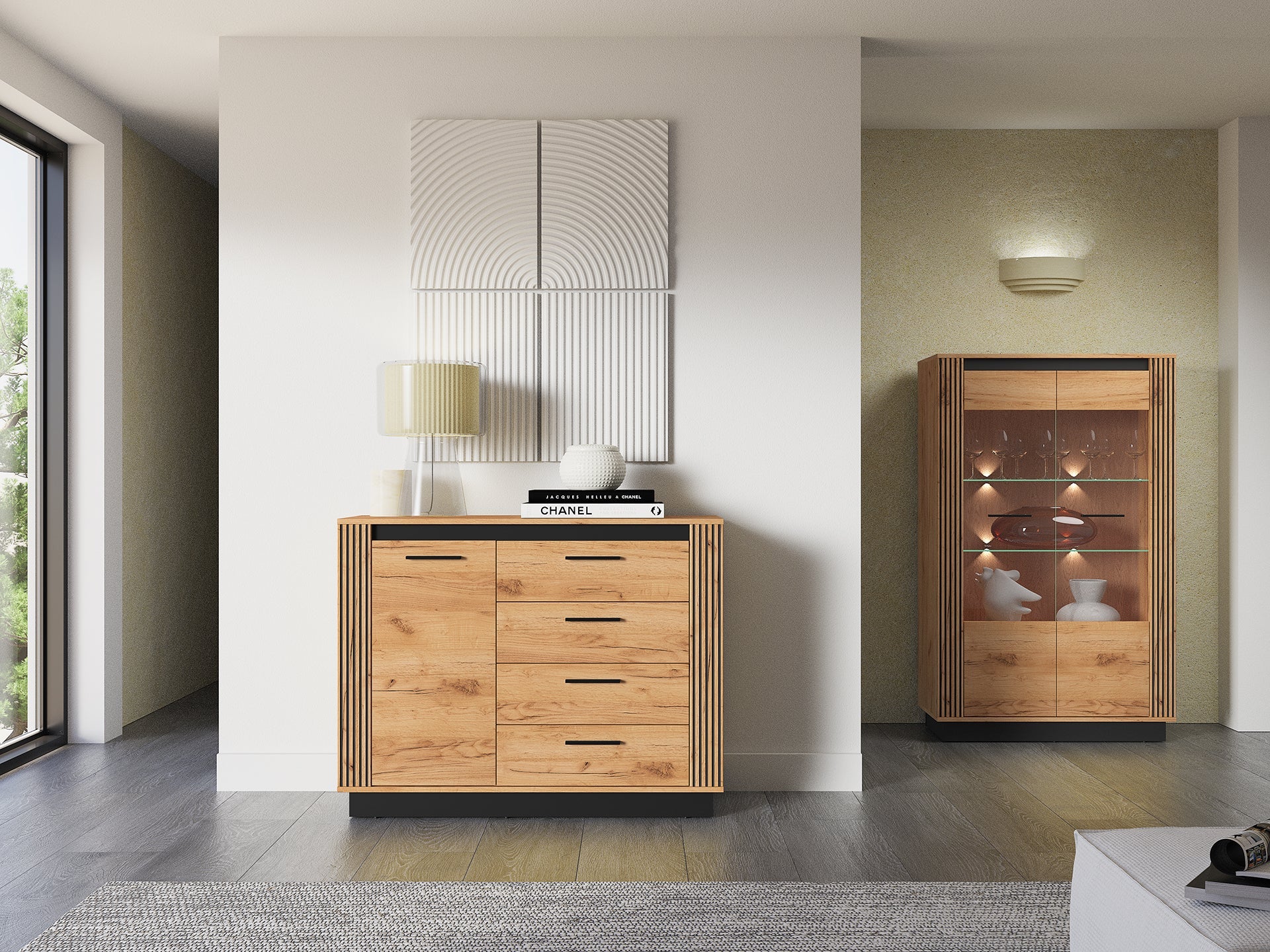 Commode, Buffet, Buffet Moderne en Chêne Craft Gold et Noir – Résistant aux Rayures et à l'Humidité - Decora Home