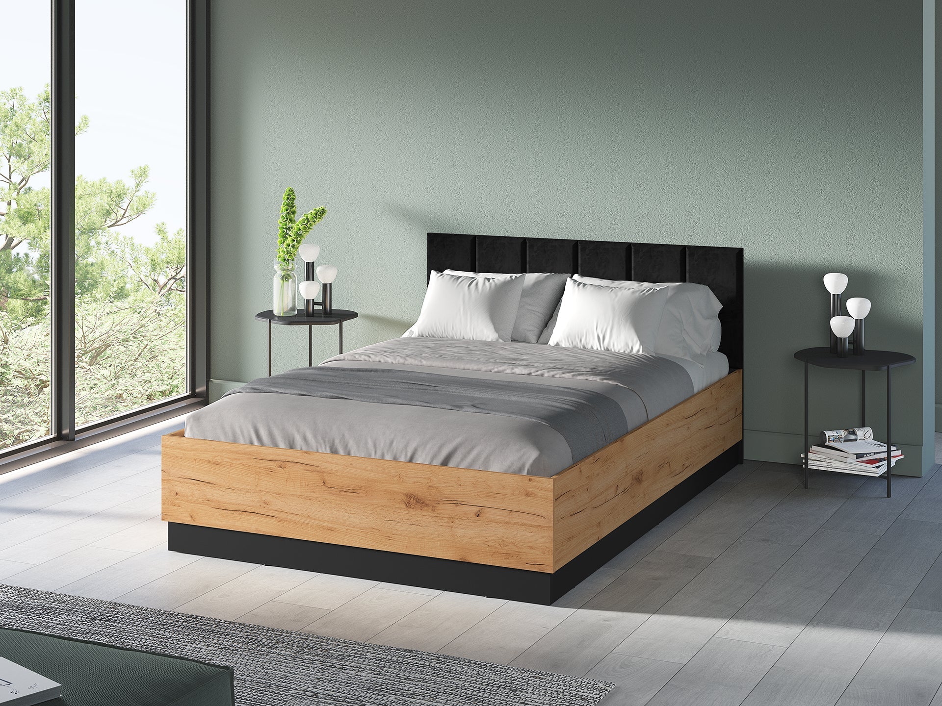 Lit en Chêne Craft Or + Noir avec Appuie tête en Velours Noir – Confort et Élégance|Offre Limitée|Decora Home