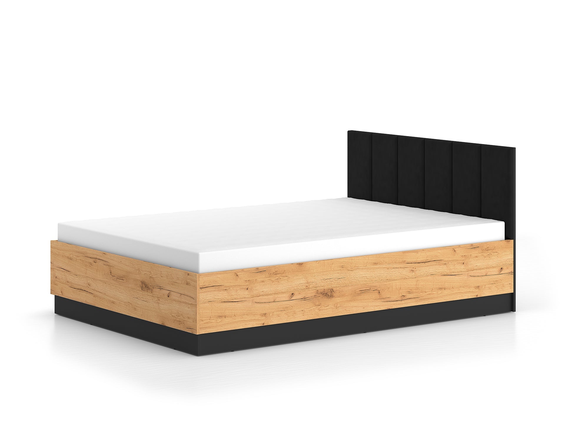 Lit en Chêne Craft Or + Noir avec Appuie-tête en Velours Noir – Confort et Élégance - Decora Home