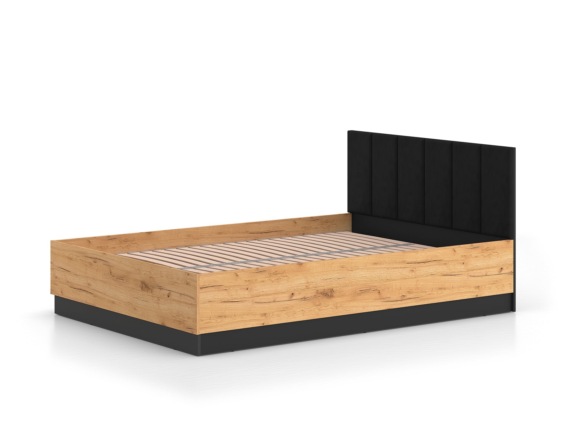 Lit en Chêne Craft Or + Noir avec Appuie-tête en Velours Noir – Confort et Élégance - Decora Home