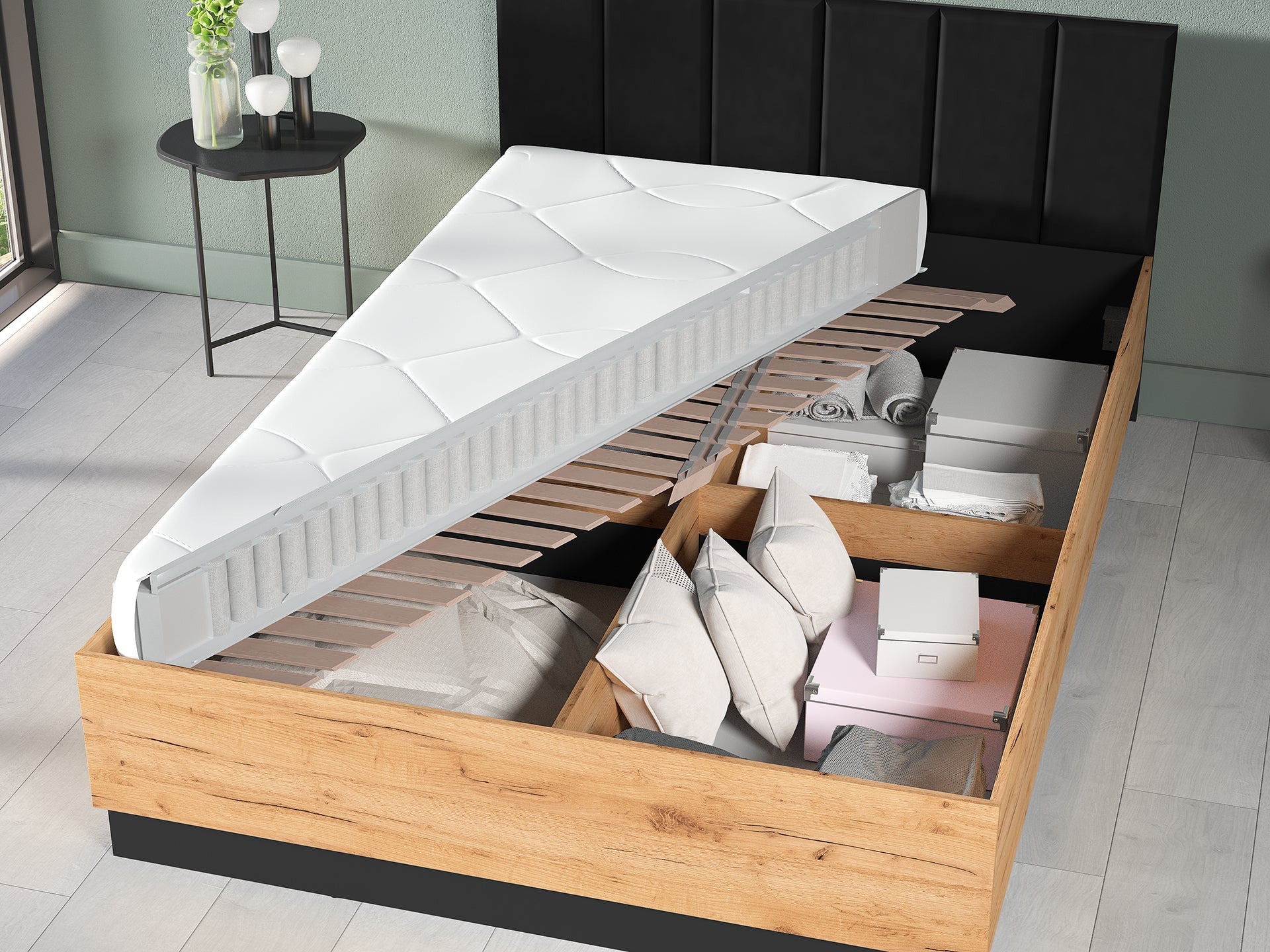 Lit en Chêne Craft Or + Noir avec Appuie-tête en Velours Noir – Confort et Élégance - Decora Home