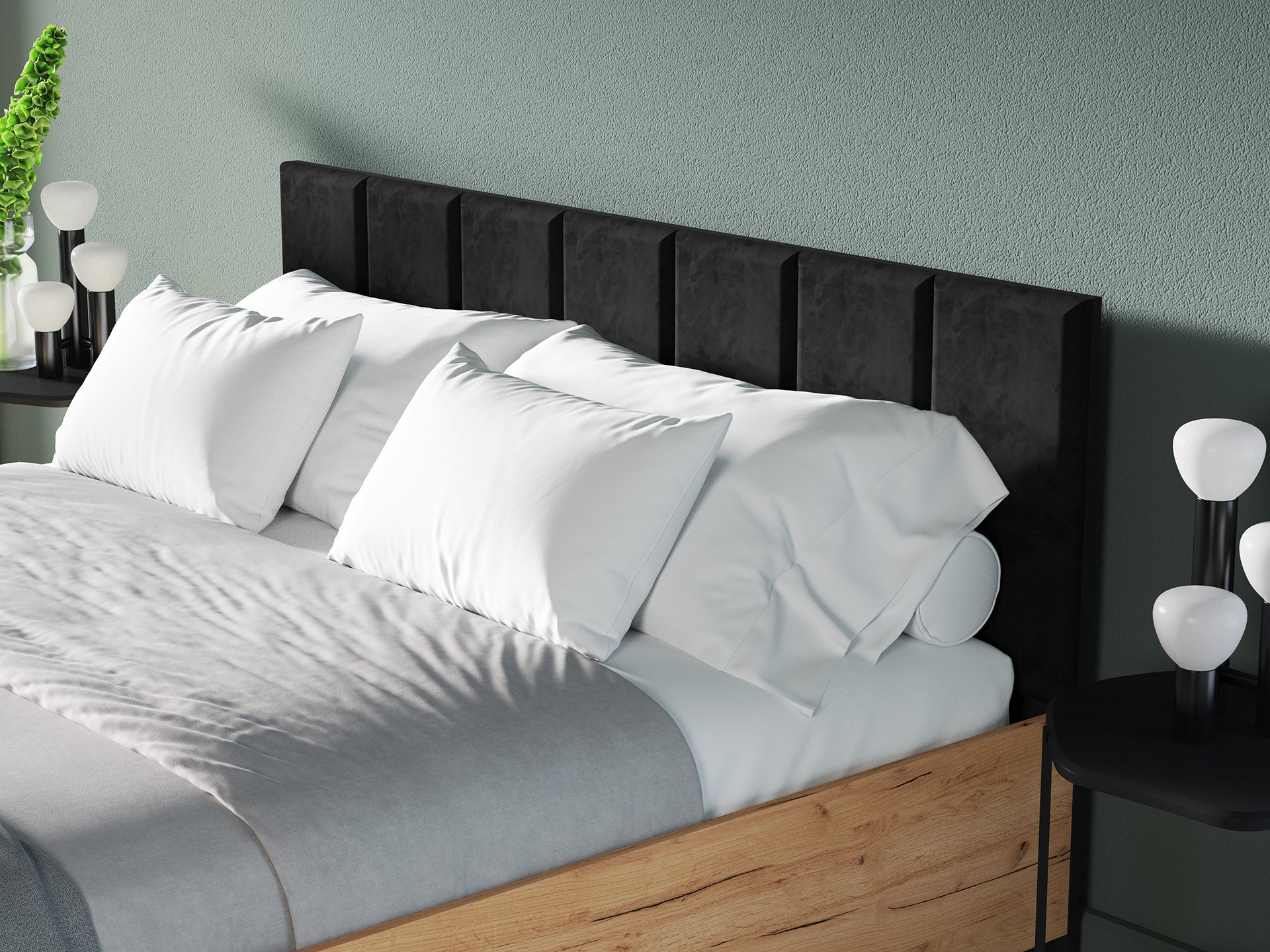 Lit en Chêne Craft Or + Noir avec Appuie-tête en Velours Noir – Design Élégant et Résistant - Decora Home