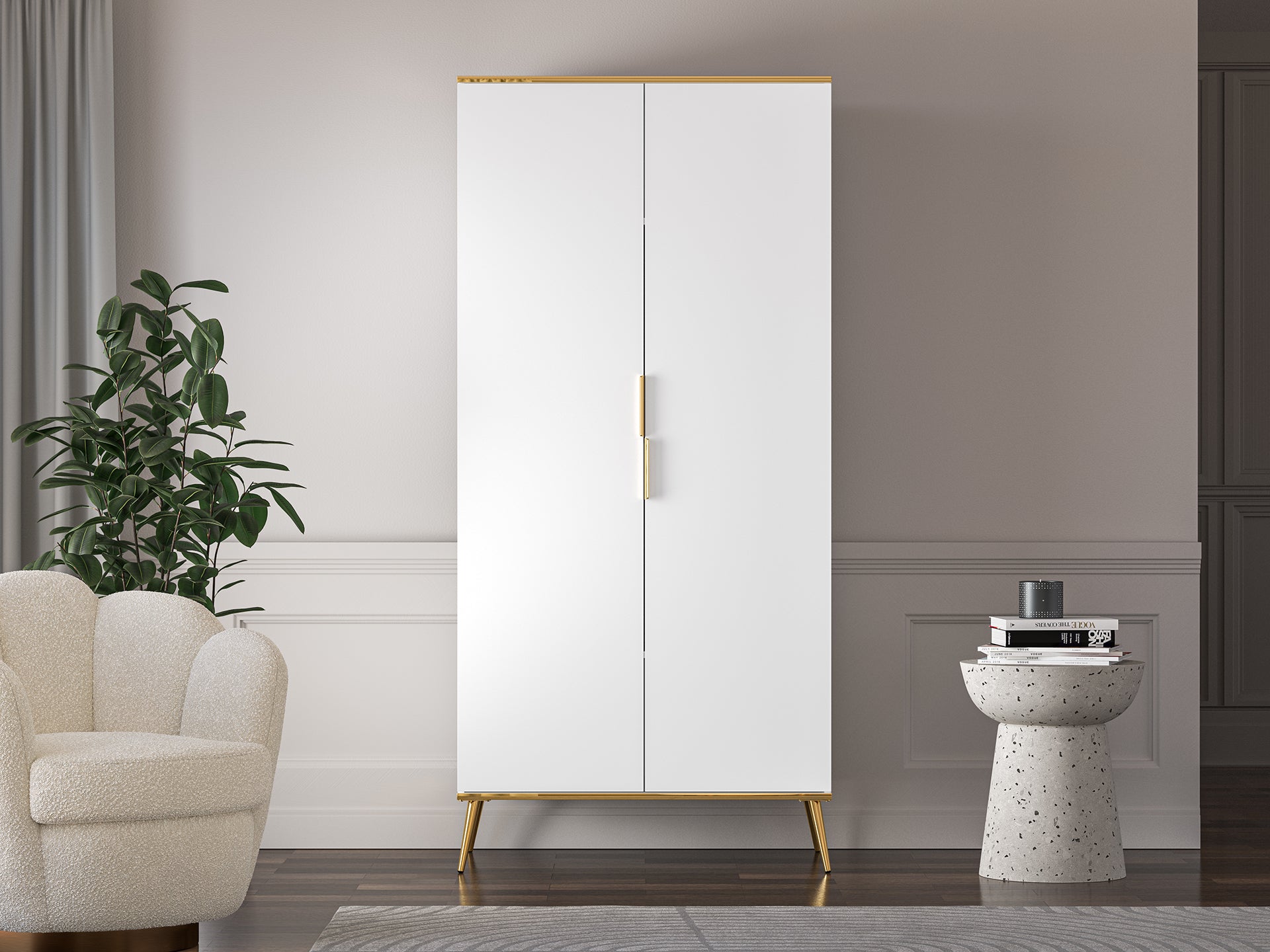 Armoire en bois blanc laqué mat avec structure dorée – Rangement moderne avec fermeture silencieuse - Decora Home