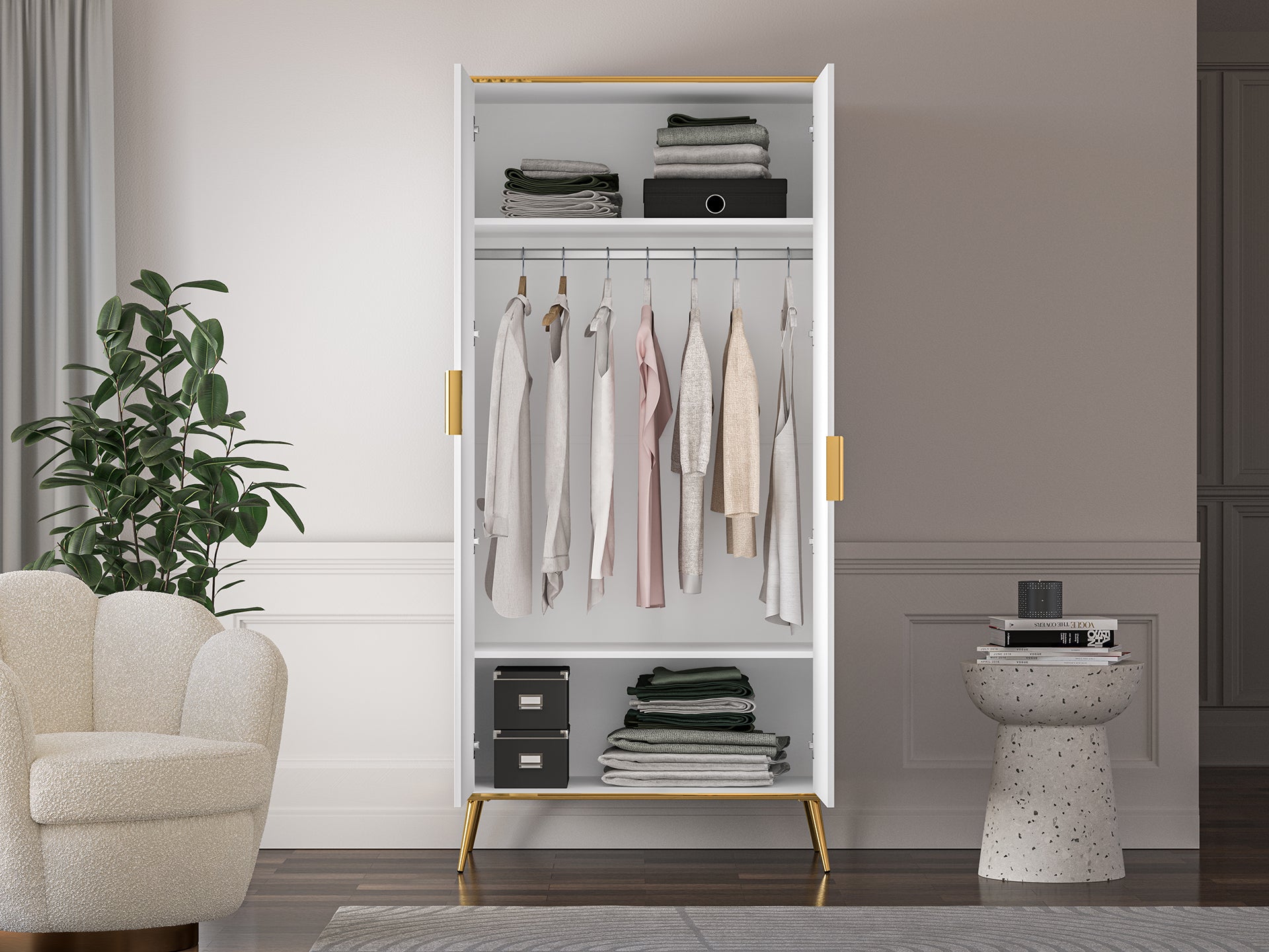 Armoire en bois blanc laqué mat avec structure dorée – Rangement moderne avec fermeture silencieuse - Decora Home