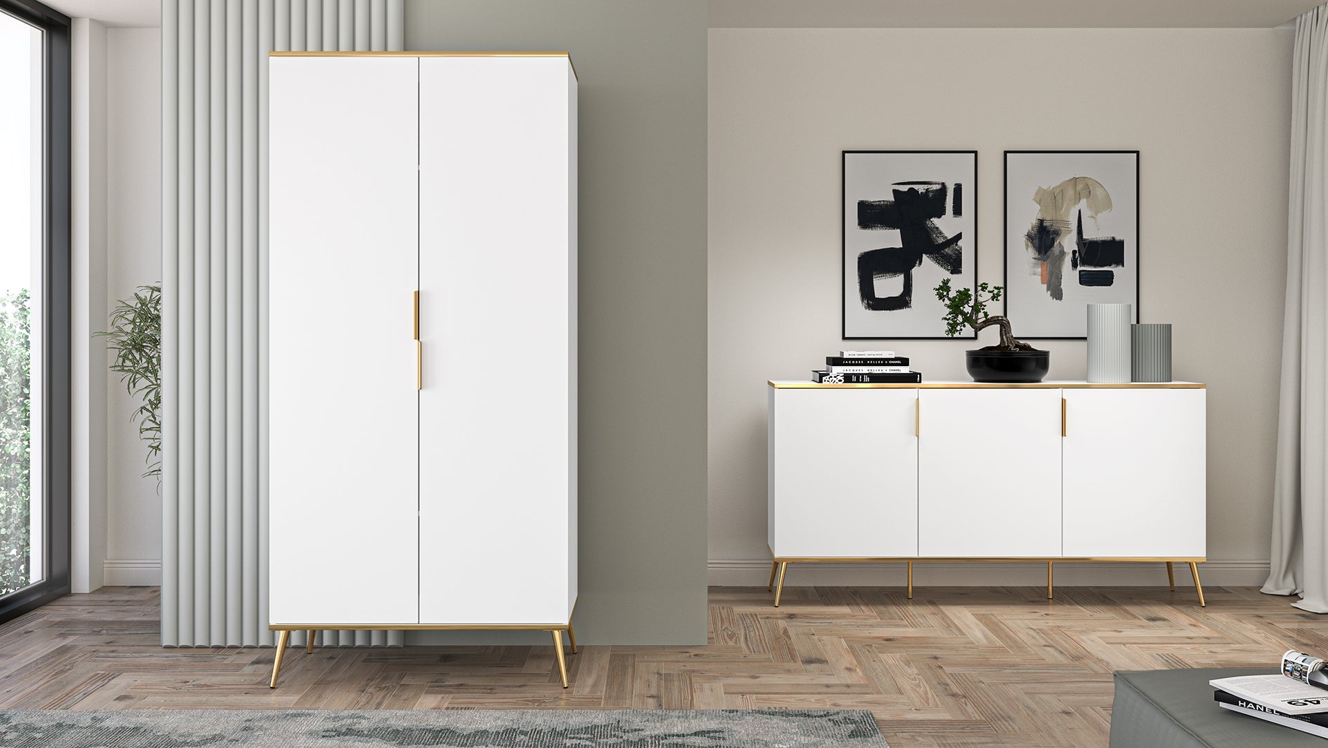 Armoire en bois blanc laqué mat avec structure dorée – Rangement moderne avec fermeture silencieuse - Decora Home