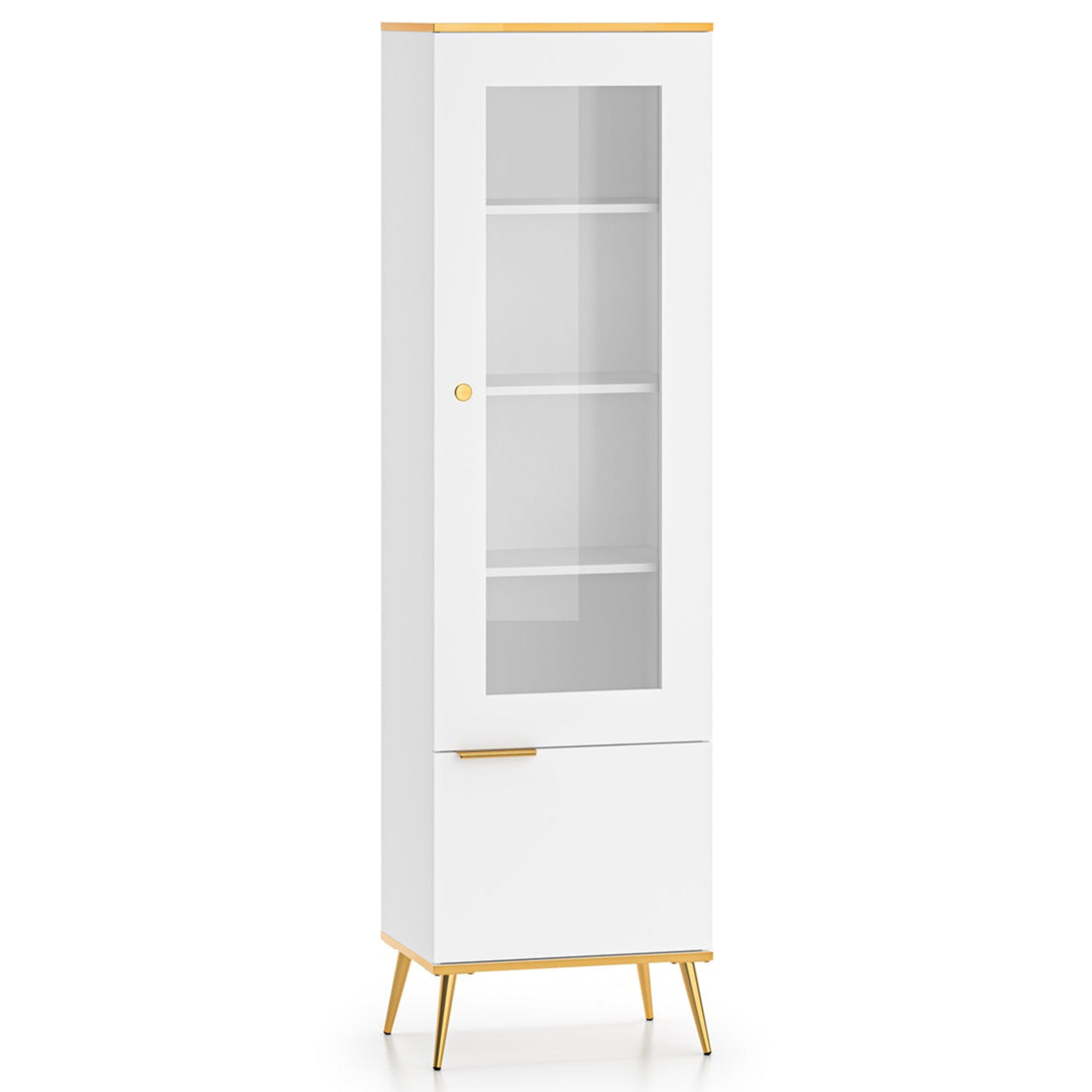 Vitrine haute en bois blanc laqué mat avec porte vitrée et structure dorée|Destockage|Decora Home
