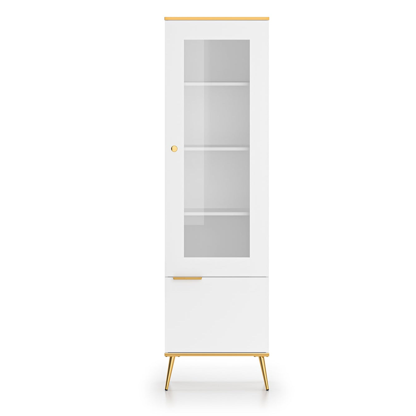 Vitrine haute en bois blanc laqué mat avec porte vitrée et structure dorée - Decora Home