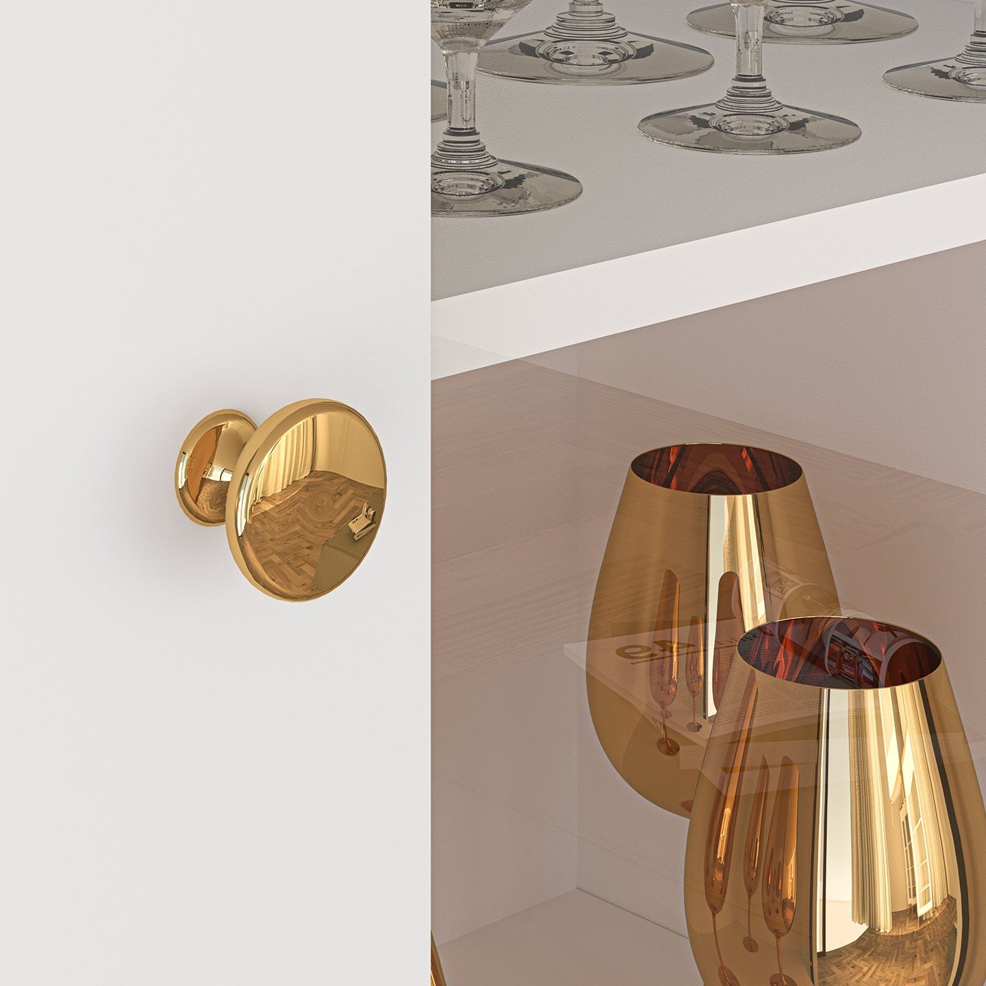 Vitrine haute en bois blanc laqué mat avec porte vitrée et structure dorée - Decora Home