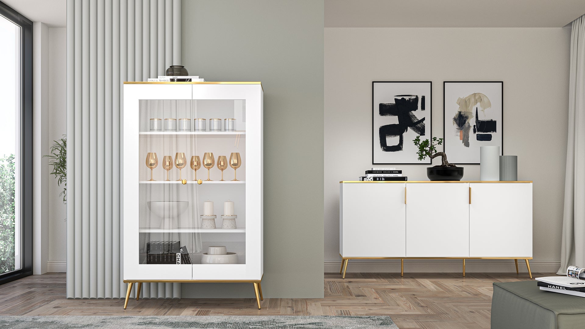 Vitrine en bois blanc laqué mat avec structure dorée et vitres - Decora Home