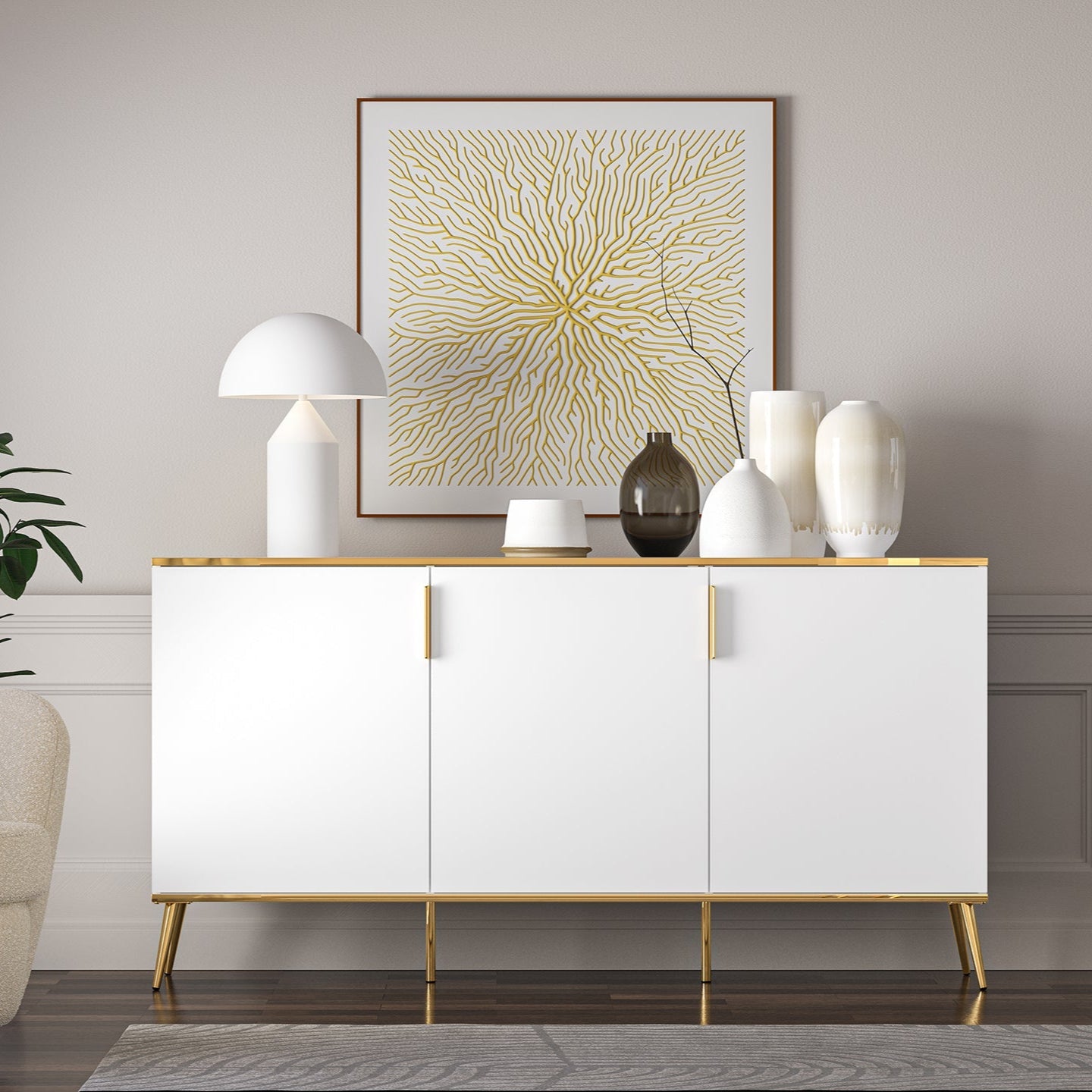 Buffet en bois blanc brillant avec structure dorée – Fermeture silencieuse|Destockage|Decora Home