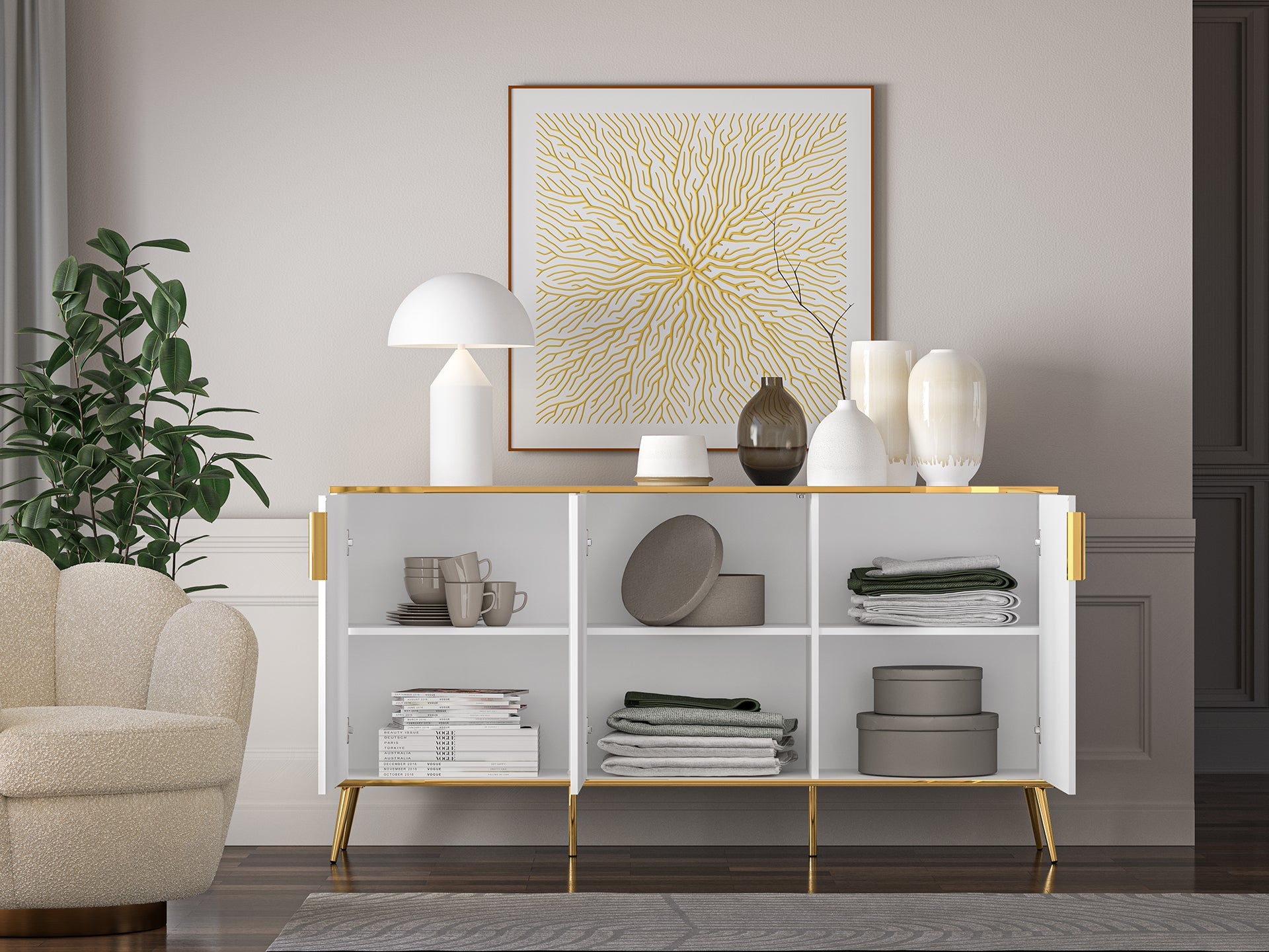Commode, Buffet, Buffet en bois blanc brillant avec structure dorée – Fermeture silencieuse - Decora Home