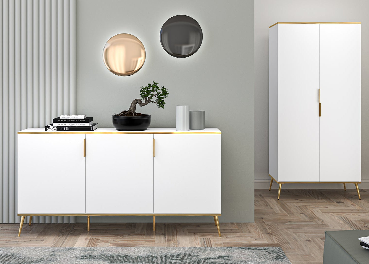 Commode, Buffet, Buffet en bois blanc brillant avec structure dorée – Fermeture silencieuse - Decora Home