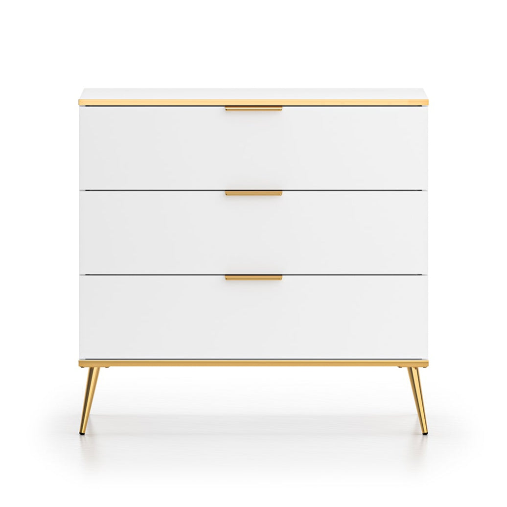 Commode, Buffet, Buffet en bois blanc laqué mat avec structure dorée avec tiroirs spacieux et fermeture silencieuse - Decora Home