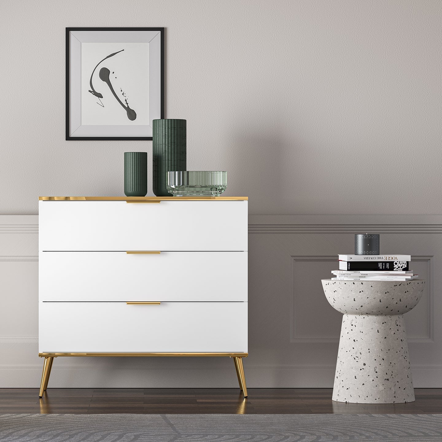 Commode, Buffet, Buffet en bois blanc laqué mat avec structure dorée avec tiroirs spacieux et fermeture silencieuse - Decora Home
