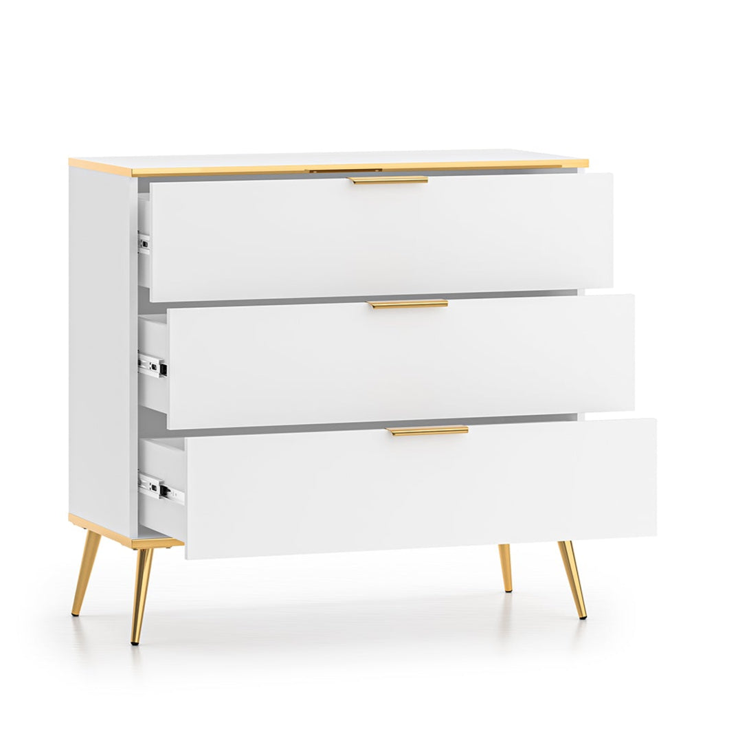 Commode, Buffet, Buffet en bois blanc laqué mat avec structure dorée avec tiroirs spacieux et fermeture silencieuse - Decora Home