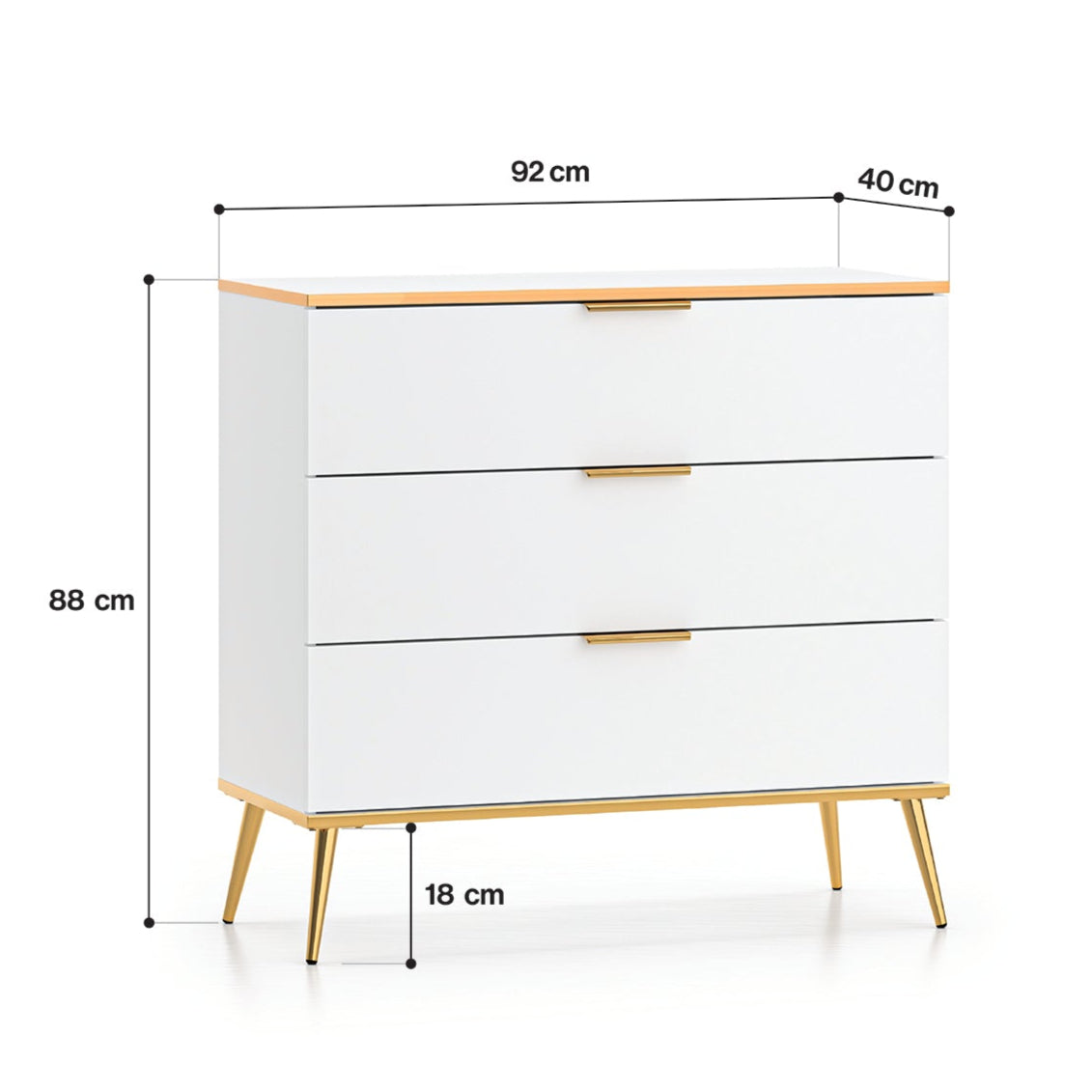 Commode, Buffet, Buffet en bois blanc laqué mat avec structure dorée avec tiroirs spacieux et fermeture silencieuse - Decora Home