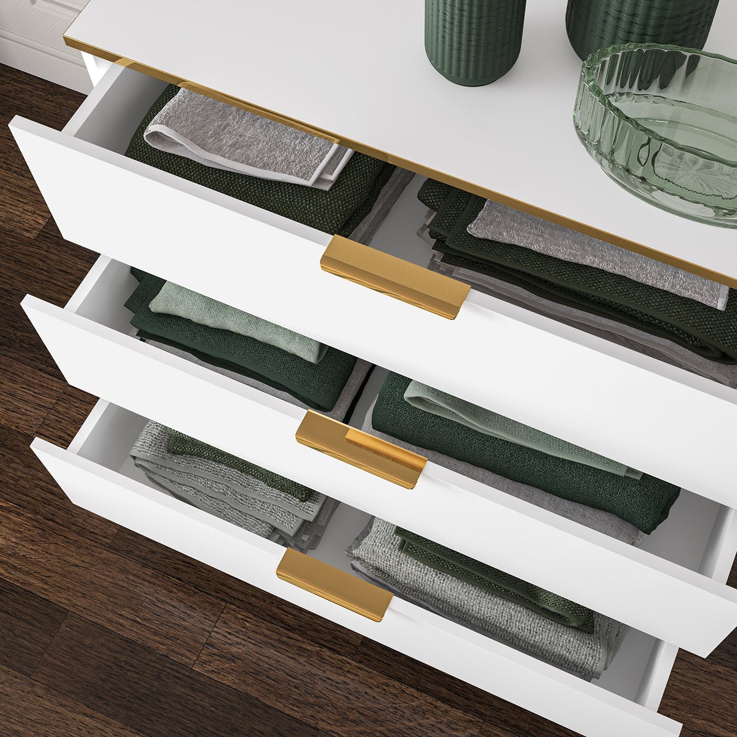 Commode, Buffet, Buffet en bois blanc laqué mat avec structure dorée avec tiroirs spacieux et fermeture silencieuse - Decora Home