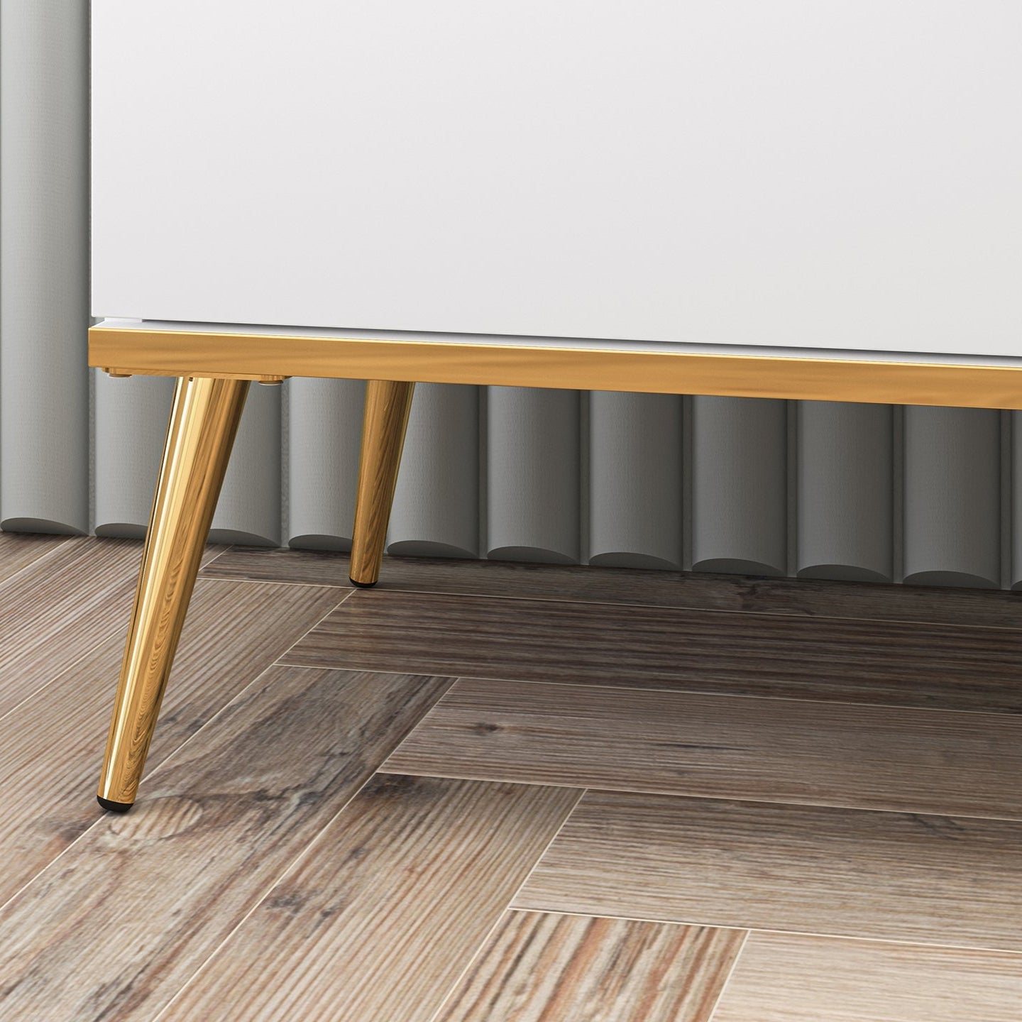 Commode, Buffet, Buffet en bois blanc laqué mat avec structure dorée avec tiroirs spacieux et fermeture silencieuse - Decora Home