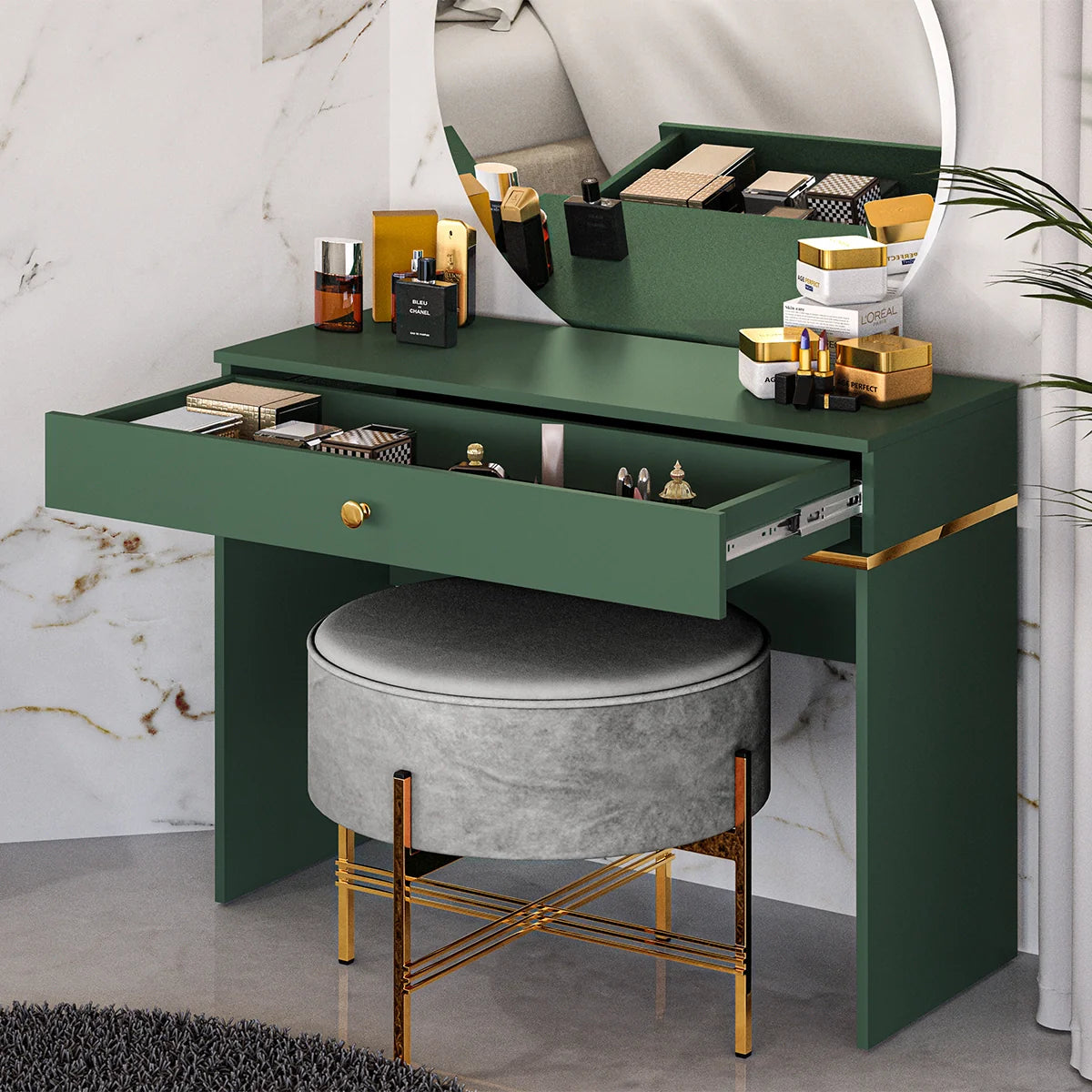 Table de Coiffure Élégante en Bleu Foncé et Labrador avec Bordure ABS - Durabilité et Design Moderne - Decora Home