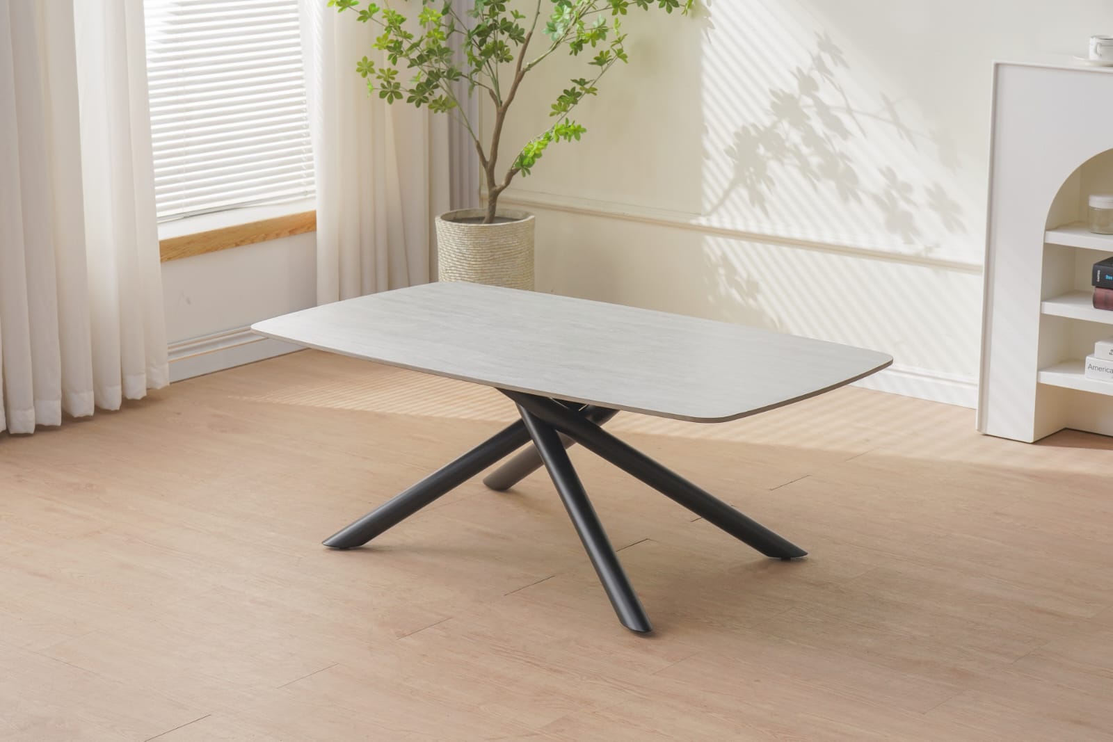 Table basse – Céramique travertin & pieds en métal noir – 120x70x45 cm