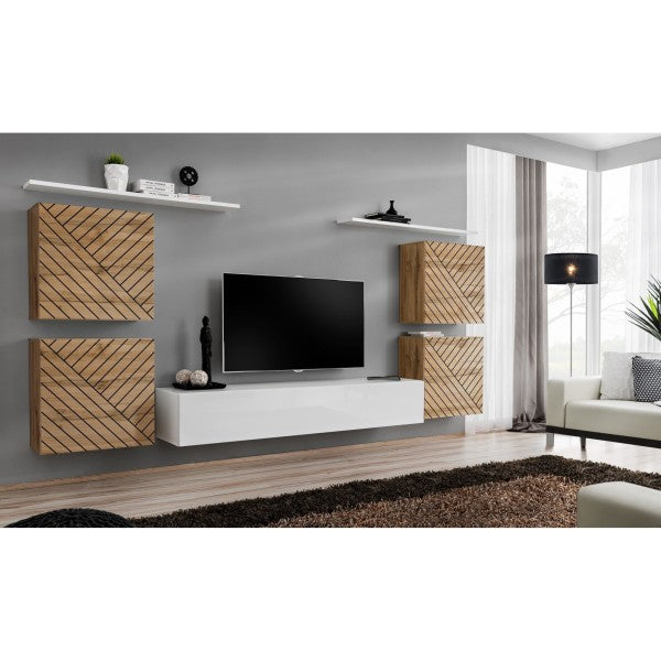 SWITCH IV hanging wall unit, chêne Wotan with blanc brillant, slatted fronts