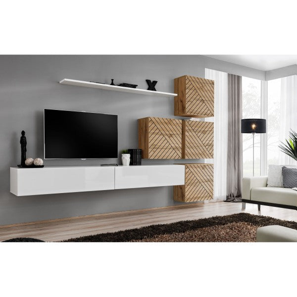 SWITCH IX hanging wall unit, blanc brillant with chêne Wotan, slatted fronts — vue 2