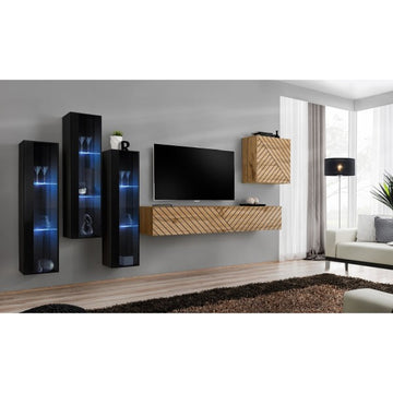 SWITCH XIII hanging wall unit, noir brillant with chêne Wotan, slatted fronts — vue 2