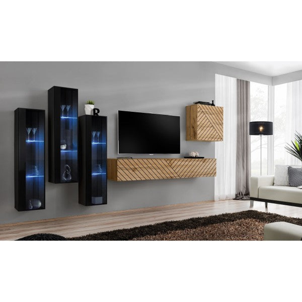 SWITCH XIII hanging wall unit, noir brillant with chêne Wotan, slatted fronts — vue 2
