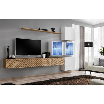 SWITCH XIX hanging wall unit, chêne Wotan with blanc brillant, slatted fronts — vue 2