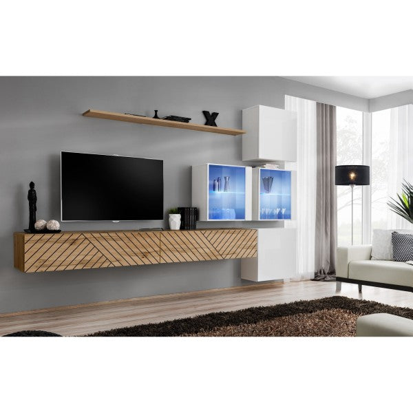 SWITCH XIX hanging wall unit, chêne Wotan with blanc brillant, slatted fronts — vue 2