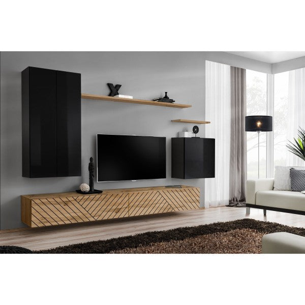 SWITCH II hanging wall unit, noir brillant with chêne Wotan, slatted fronts