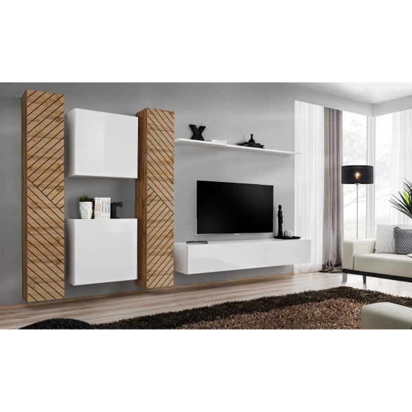 SWITCH VI hanging wall unit, chêne Wotan with blanc brillant, slatted fronts