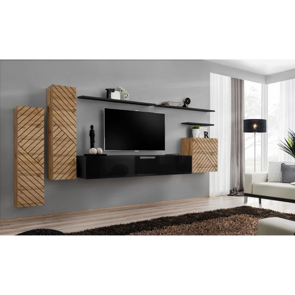SWITCH et hanging wall unit, chêne Wotan with noir brillant, slatted fronts