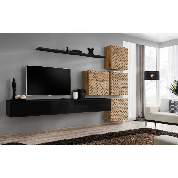 SWITCH IX hanging wall unit, noir brillant with chêne Wotan, slatted fronts — vue 2