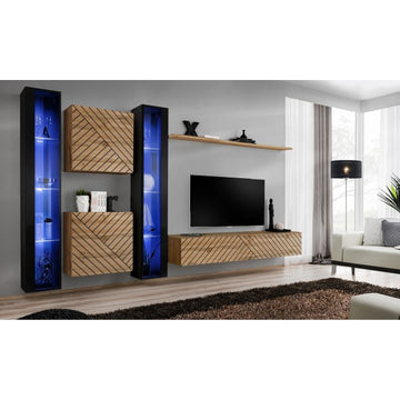 SWITCH XVI hanging wall unit, noir brillant with chêne Wotan, slatted fronts