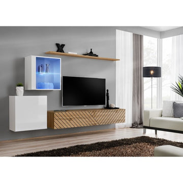 SWITCH XV hanging wall unit, blanc brillant with chêne Wotan, slatted fronts — vue 2