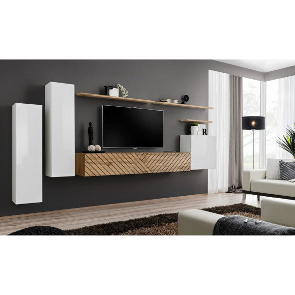SWITCH et hanging wall unit, blanc brillant with chêne Wotan, slatted fronts