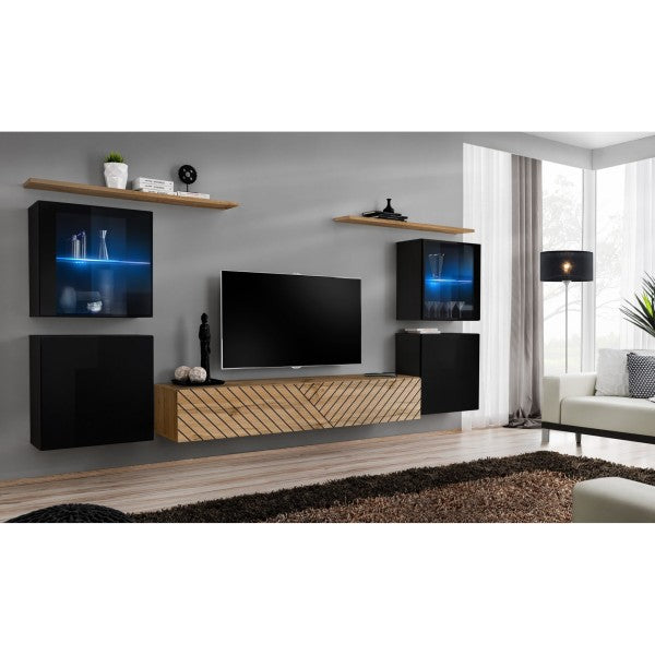 SWITCH XIV hanging wall unit, noir brillant with chêne Wotan, slatted fronts — vue 2
