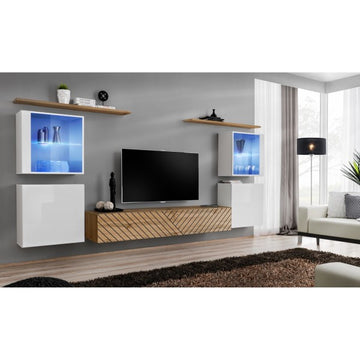 SWITCH XIV hanging wall unit, blanc brillant with chêne Wotan, slatted fronts — vue 2