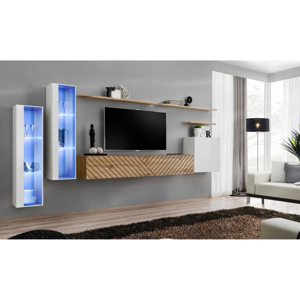 SWITCH XI hanging wall unit, blanc brillant with chêne Wotan, slatted fronts — vue 2