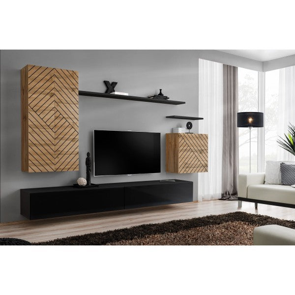 SWITCH II hanging wall unit, chêne Wotan with noir brillant, slatted fronts