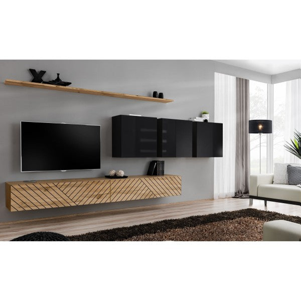 SWITCH VII hanging wall unit, chêne Wotan with noir brillant, slatted fronts