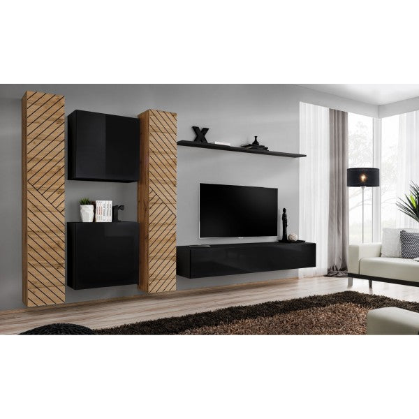 SWITCH VI hanging wall unit, chêne Wotan with noir brillant, slatted fronts