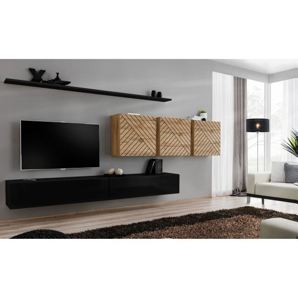SWITCH VII hanging wall unit, noir brillant with chêne Wotan, slatted fronts