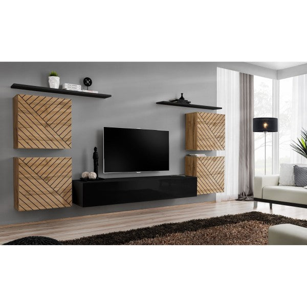 SWITCH IV hanging wall unit, chêne Wotan with noir brillant, slatted fronts