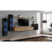 Composition TV SWITCH XI 330cm avec Chêne Wotan - Noir Brillant, Façades Rainurées — vue 2